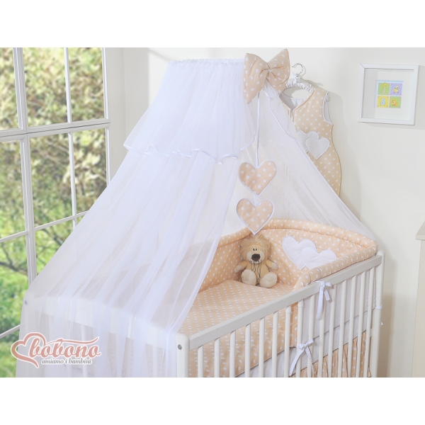 Ensemble de Linge de Lit Bébé 11 pcs  Moustiquaire Beige à Pois Cœurs