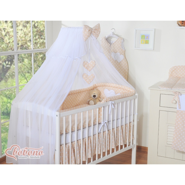 Ensemble de Linge de Lit Bébé 11 pcs  Moustiquaire Beige à Pois Cœurs