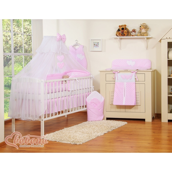 Ensemble de Linge de Lit Bébé 11 pcs  Moustiquaire Rose à Pois Cœurs