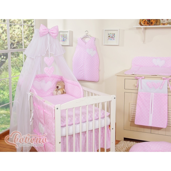 Ensemble de Linge de Lit Bébé 11 pcs  Moustiquaire Rose à Pois Cœurs