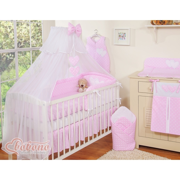 Ensemble de Linge de Lit Bébé 11 pcs  Moustiquaire Rose à Pois Cœurs