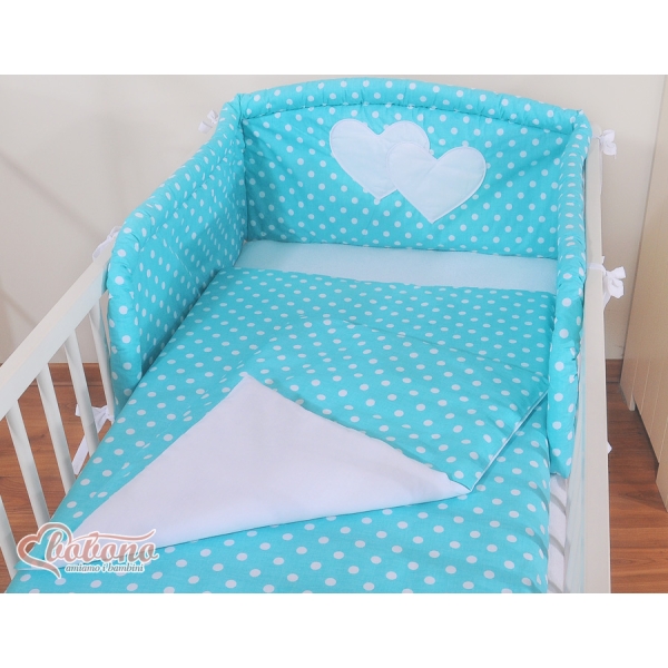 Ensemble de Linge de Lit pour Bébé 3 pcs Turquoise à Pois Cœurs