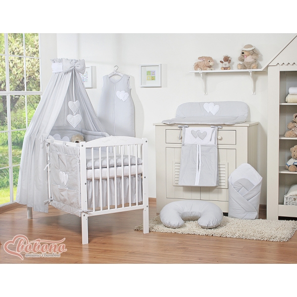 Ensemble de Linge de Lit pour Bébé 5 pcs - avec Baldaquin Gris Cœurs