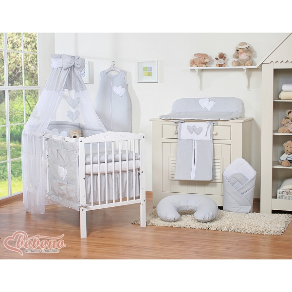 Ensemble de Linge de Lit pour Bébé 5 pcs - avec Baldaquin Gris Cœurs