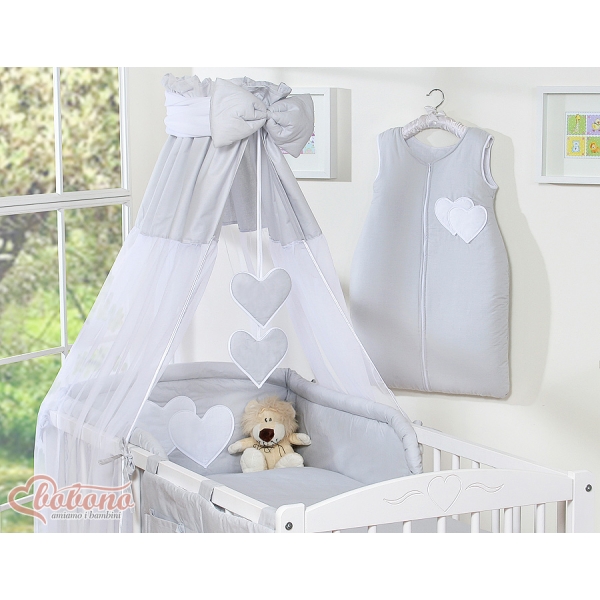 Ensemble de Linge de Lit pour Bébé 5 pcs - avec Baldaquin Gris Cœurs