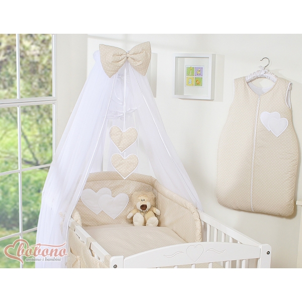 Ensemble de Linge de Lit pour Bébé 7 pcs avec Ciel Beige à Pois Cœurs