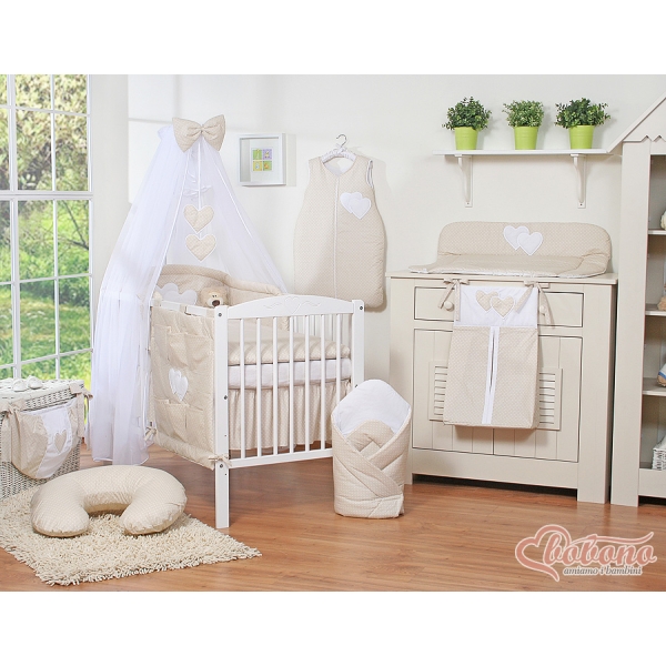 Ensemble de Linge de Lit pour Bébé 7 pcs avec Ciel Beige à Pois Cœurs