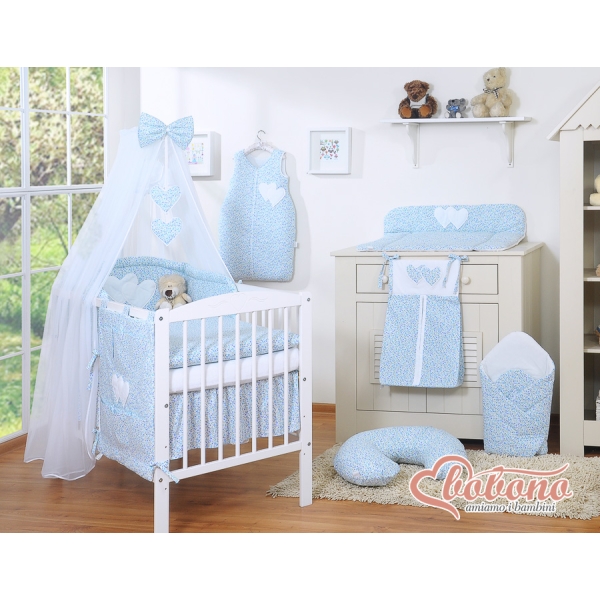 Ensemble de Linge de Lit pour Bébé 7 pcs avec Ciel Bleu Fleurs Cœurs
