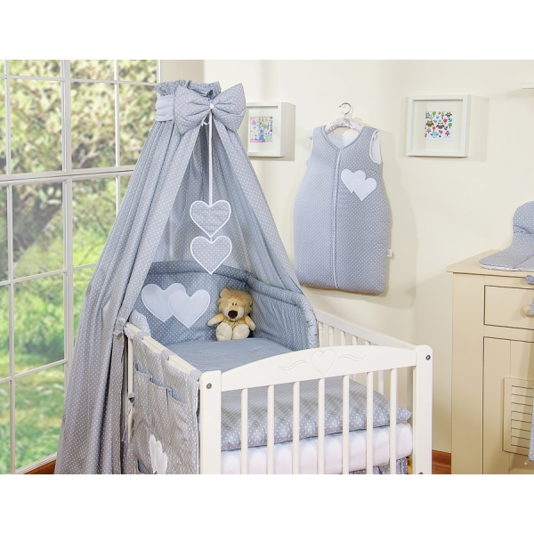 Ensemble de Linge de Lit pour Bébé 7 pcs avec Ciel Gris à Pois Cœurs