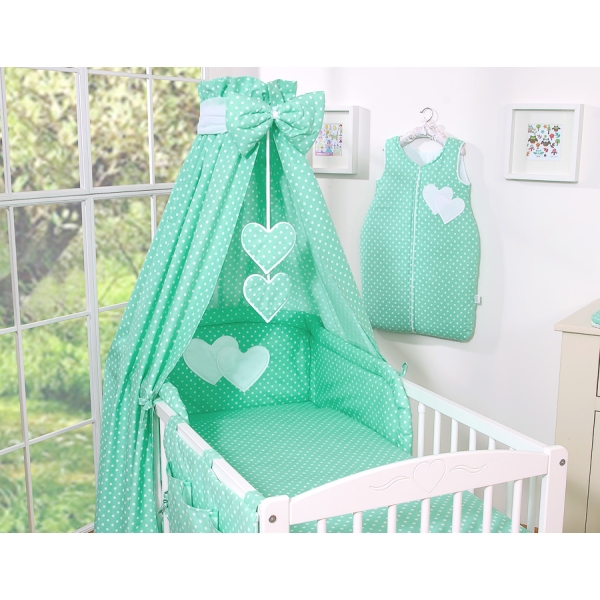 Ensemble de Linge de Lit pour Bébé 7 pcs avec Ciel Menthe à Pois Cœurs