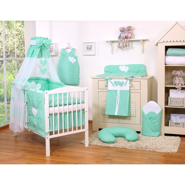Ensemble de Linge de Lit pour Bébé 7 pcs avec Ciel Menthe à Pois Cœurs