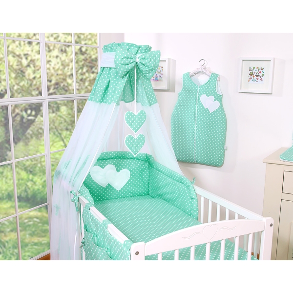 Ensemble de Linge de Lit pour Bébé 7 pcs avec Ciel Menthe à Pois Cœurs