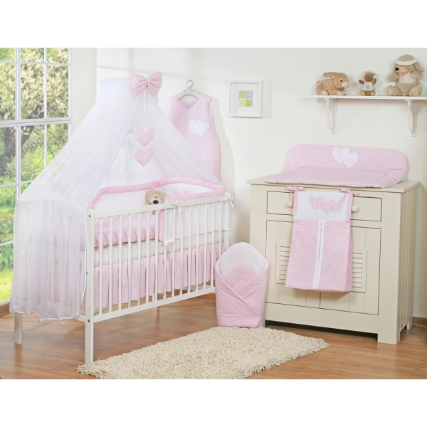 Ensemble de Linge de Lit pour Bébé 7 pcs avec Ciel Rose à Carreaux Cœurs