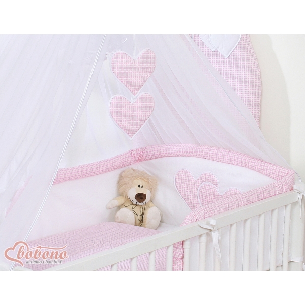 Ensemble de Linge de Lit pour Bébé 7 pcs avec Ciel Rose à Carreaux Cœurs