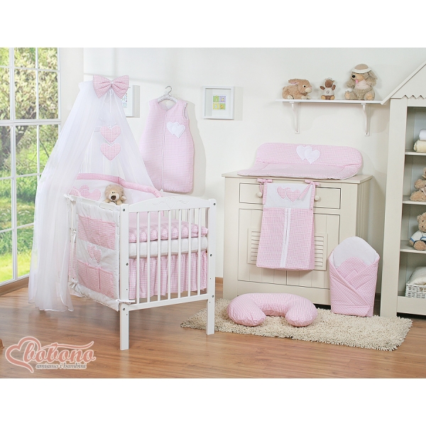 Ensemble de Linge de Lit pour Bébé 7 pcs avec Ciel Rose à Carreaux Cœurs