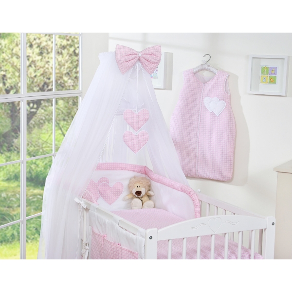 Ensemble de Linge de Lit pour Bébé 7 pcs avec Ciel Rose à Carreaux Cœurs