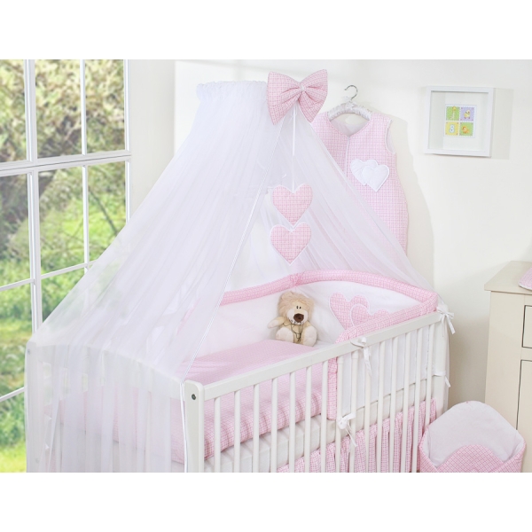 Ensemble de Linge de Lit pour Bébé 7 pcs avec Ciel Rose à Carreaux Cœurs