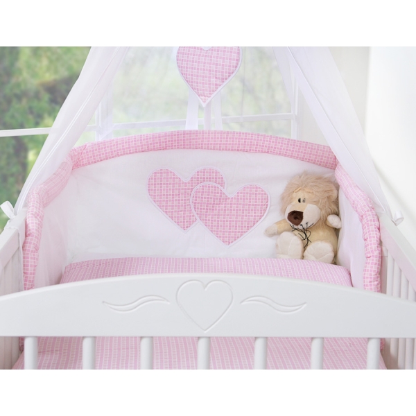 Ensemble de Linge de Lit pour Bébé 7 pcs avec Ciel Rose à Carreaux Cœurs