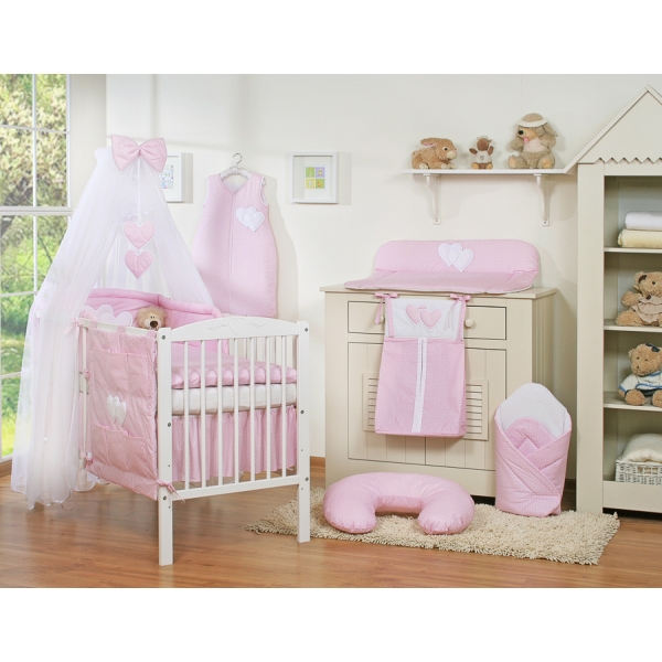 Ensemble de Linge de Lit pour Bébé 7 pcs avec Ciel Rose à Pois Cœurs