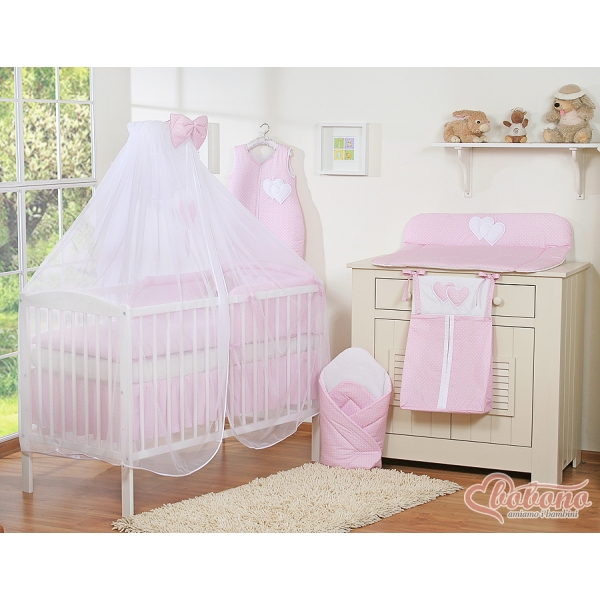 Ensemble de Linge de Lit pour Bébé 7 pcs avec Ciel Rose à Pois Cœurs