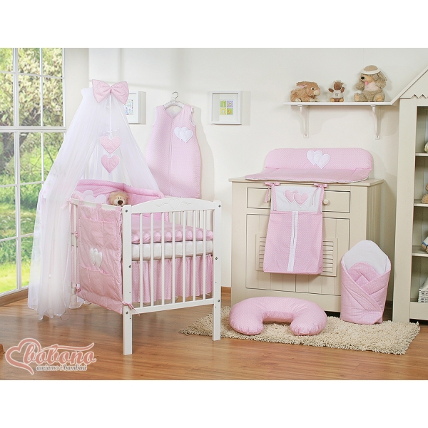 Ensemble de Linge de Lit pour Bébé 7 pcs avec Ciel Rose à Pois Cœurs