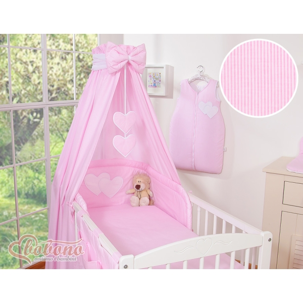 Ensemble de Linge de Lit pour Bébé 7 pcs avec Ciel Rose Rayures Cœurs