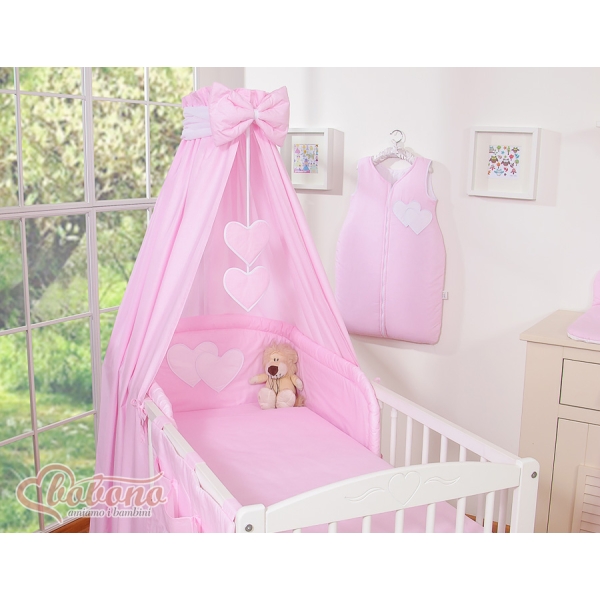 Ensemble de Linge de Lit pour Bébé 7 pcs avec Ciel Rose Rayures Cœurs