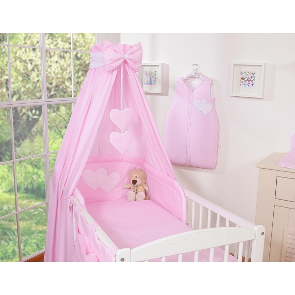 Ensemble de Linge de Lit pour Bébé 7 pcs avec Ciel Rose Rayures Cœurs