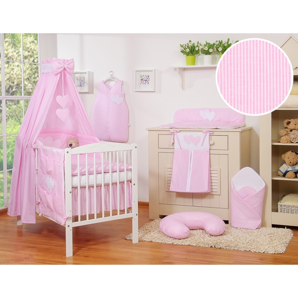 Ensemble de Linge de Lit pour Bébé 7 pcs avec Ciel Rose Rayures Cœurs