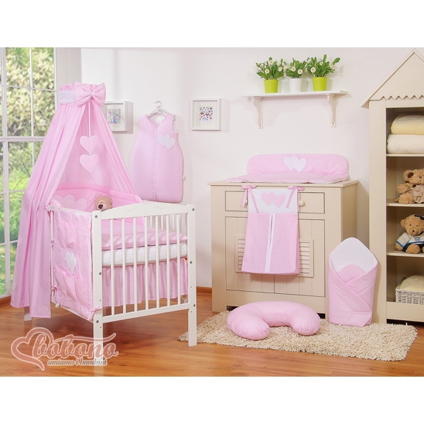 Ensemble de Linge de Lit pour Bébé 7 pcs avec Ciel Rose Rayures Cœurs