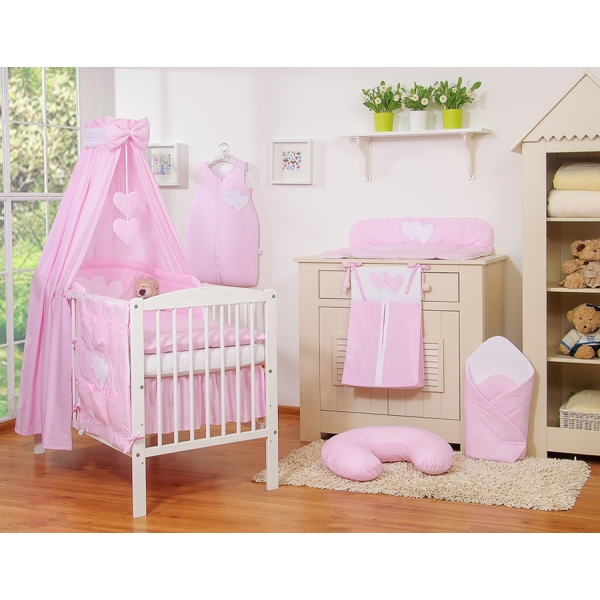 Ensemble de Linge de Lit pour Bébé 7 pcs avec Ciel Rose Rayures Cœurs