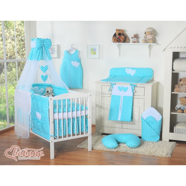 Ensemble de Linge de Lit pour Bébé 7 pcs avec Ciel Turquoise à Pois Cœurs