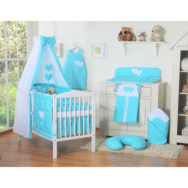 Ensemble de Linge de Lit pour Bébé 7 pcs avec Ciel Turquoise à Pois Cœurs