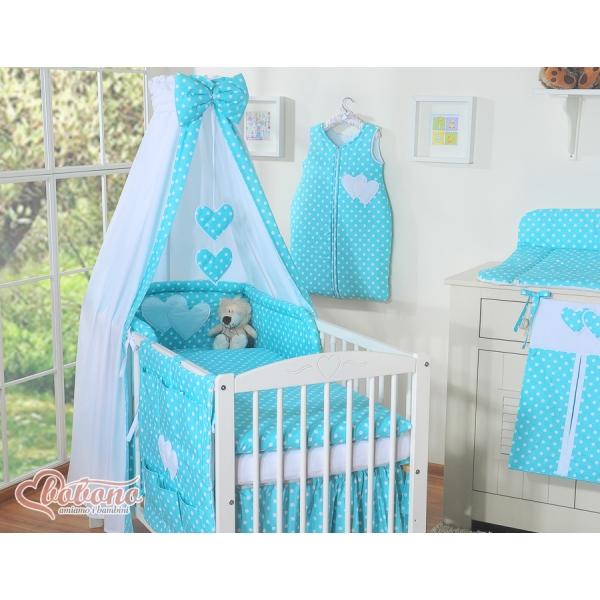 Ensemble de Linge de Lit pour Bébé 7 pcs avec Ciel Turquoise à Pois Cœurs