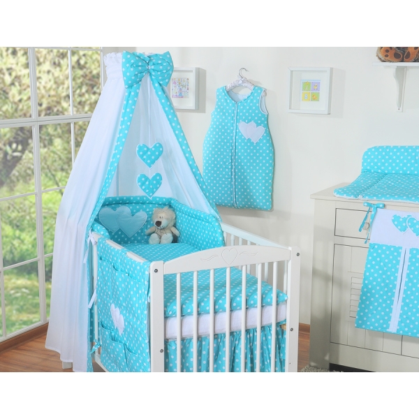 Ensemble de Linge de Lit pour Bébé 7 pcs avec Ciel Turquoise à Pois Cœurs