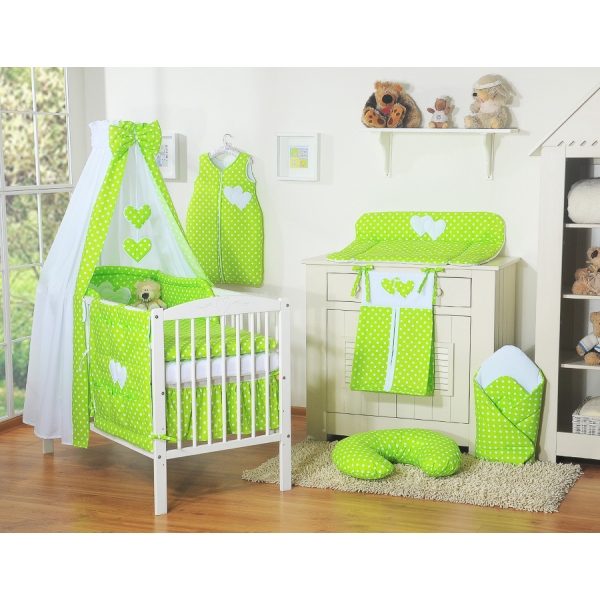 Ensemble de Linge de Lit pour Bébé 7 pcs avec Ciel Vert à Pois Cœurs