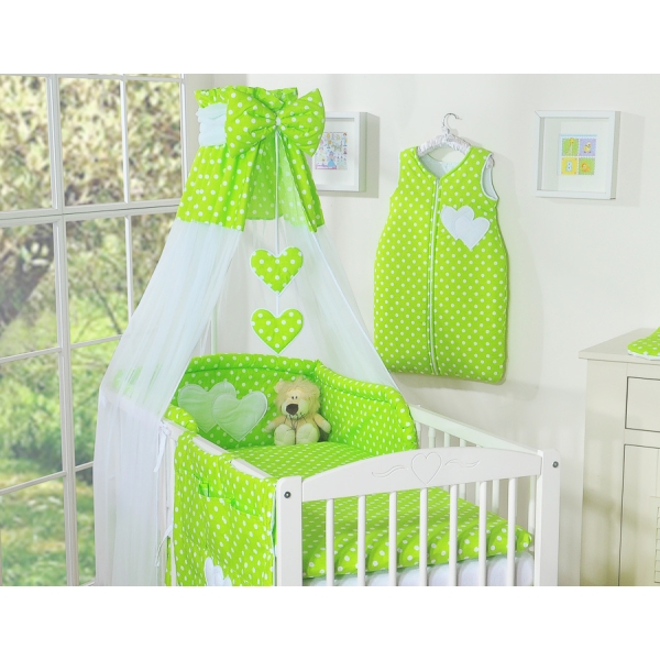 Ensemble de Linge de Lit pour Bébé 7 pcs avec Ciel Vert à Pois Cœurs