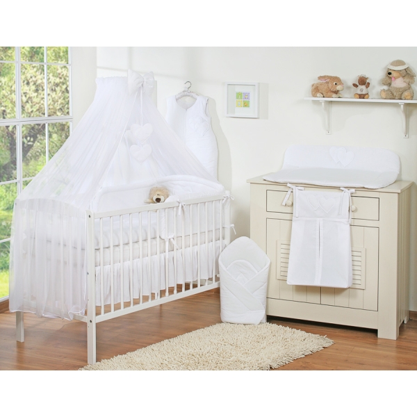 Ensemble de Linge de Lit pour Bébé 7 pcs avec Moustiquaire Blanc Cœurs