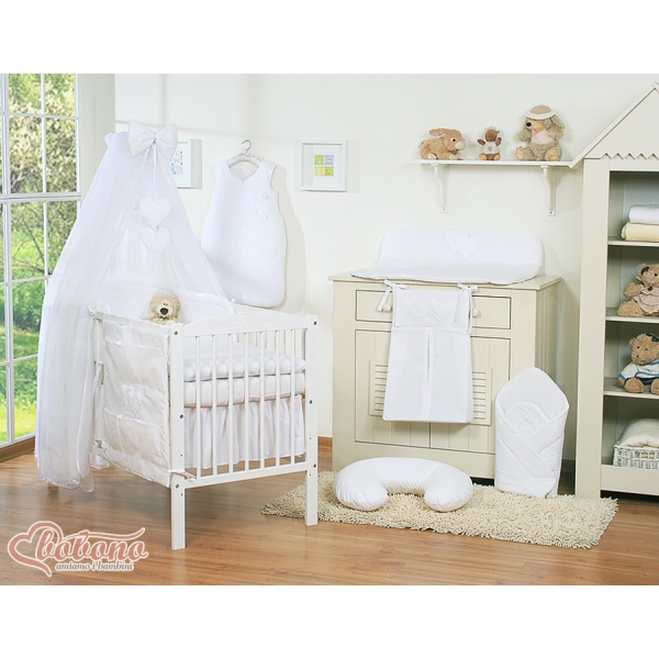 Ensemble de Linge de Lit pour Bébé 7 pcs avec Moustiquaire Blanc Cœurs