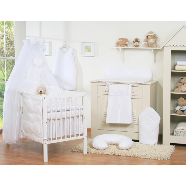 Ensemble de Linge de Lit pour Bébé 7 pcs avec Moustiquaire Blanc Cœurs