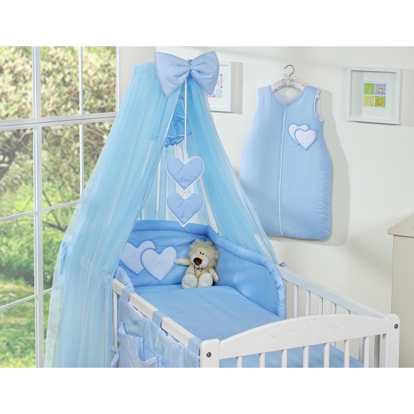 Ensemble de Linge de Lit pour Bébé 7 pcs avec Moustiquaire Bleu Cœurs