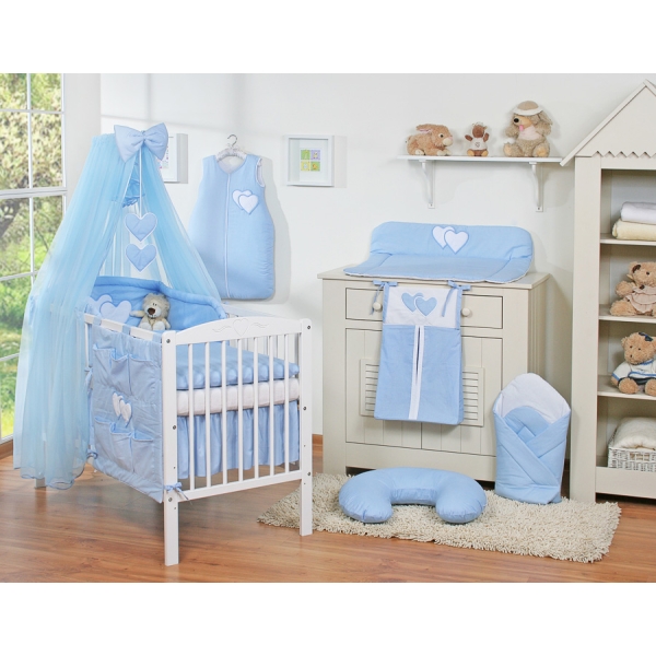 Ensemble de Linge de Lit pour Bébé 7 pcs avec Moustiquaire Bleu Cœurs
