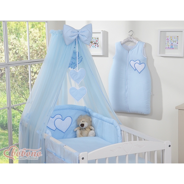 Ensemble de Linge de Lit pour Bébé 7 pcs avec Moustiquaire Bleu Cœurs