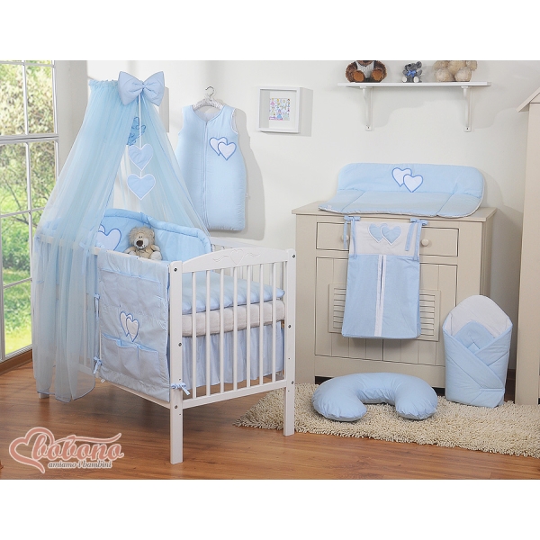 Ensemble de Linge de Lit pour Bébé 7 pcs avec Moustiquaire Bleu Cœurs
