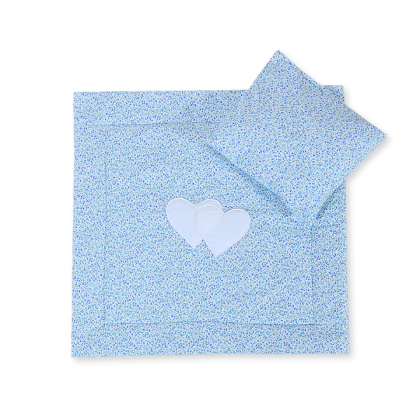Ensemble de Linge de Lit pour Landau 2 pcs Bleu Fleurs Cœurs