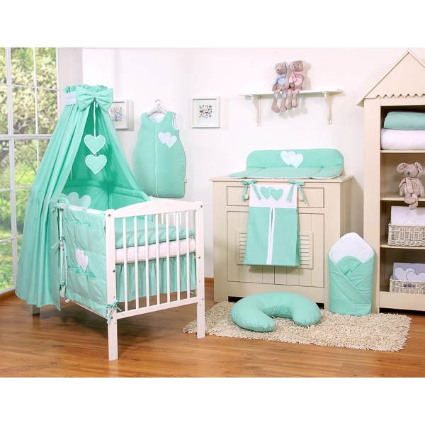 Ensemble de Linge pour Lit Bébé 7 pcs avec Ciel Menthe Cœurs