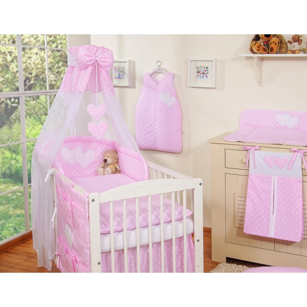 Ensemble de Linge pour Lit Bébé 7 pcs avec Ciel Rose à Pois Cœurs