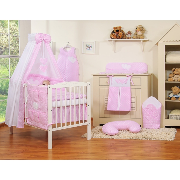Ensemble de Linge pour Lit Bébé 7 pcs avec Ciel Rose à Pois Cœurs
