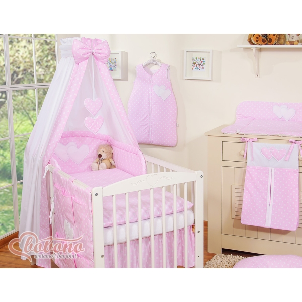 Ensemble de Linge pour Lit Bébé 7 pcs avec Ciel Rose à Pois Cœurs