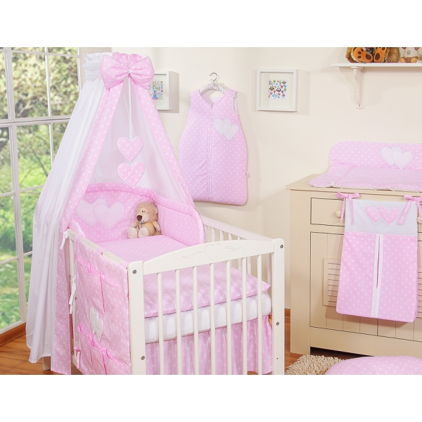 Ensemble de Linge pour Lit Bébé 7 pcs avec Ciel Rose à Pois Cœurs